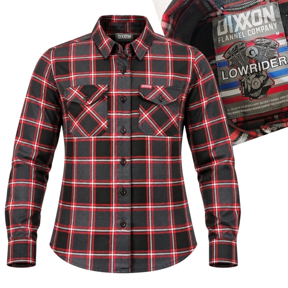 Dixxon Shirt Womens M LOWRIDER Black Red Gray Plaid Button Up Flannel Glasses